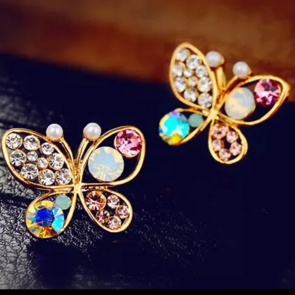 Multicolor crystal Butterfly Stud Earrings goldtone - Picture 5 of 9